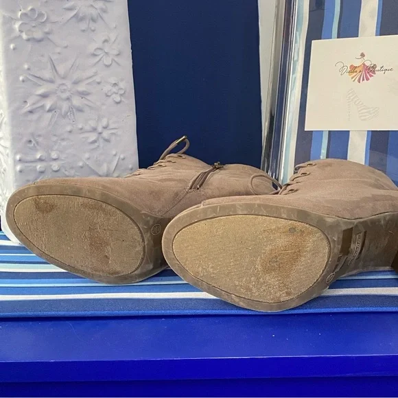 Light brown/beige suede like lace up open toe chunky high heel ankle booties - Picture 12 of 15